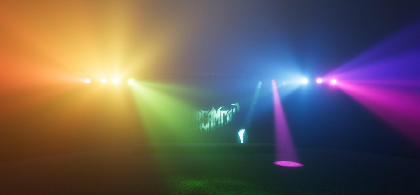 Coloured beams and moving heads over a stage in Pulsyn Simulator